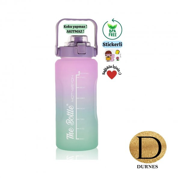 DURNES-Motivasyonel 2li Pipetli Stickerli Su Matarası uluk 2LT+900ML Yavrulu Tritan Motivasyon set - 4
