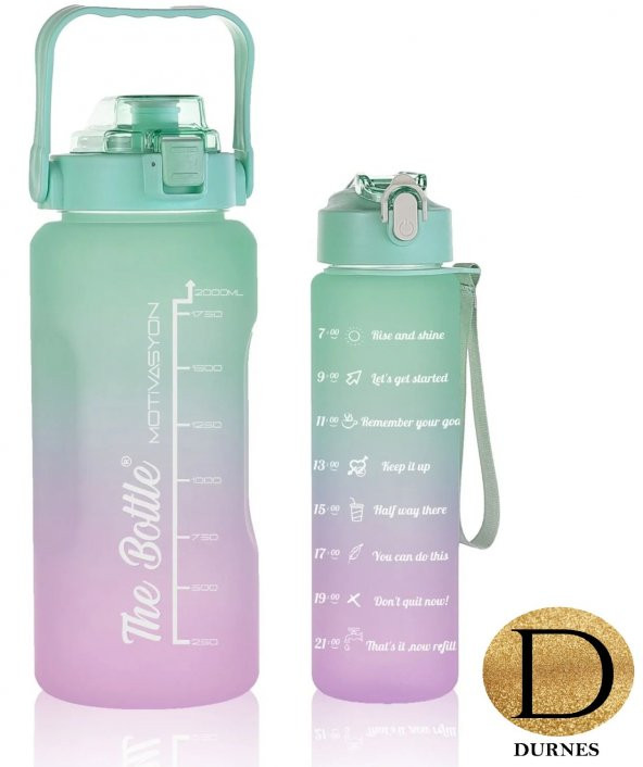 DURNES-Motivasyonel 2li Pipetli Stickerli Su Matarası uluk 2LT+900ML Yavrulu Tritan Motivasyon set - 5