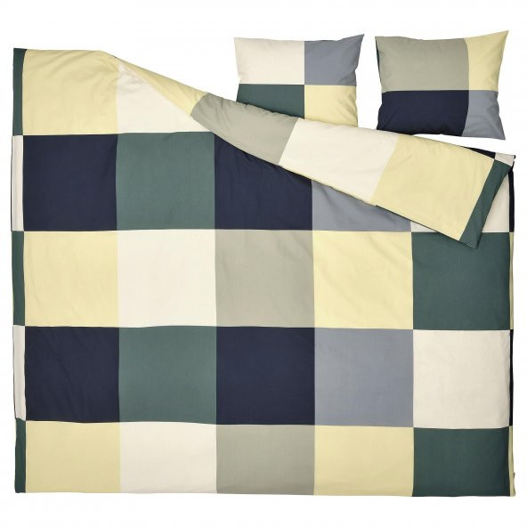 Geometrik Desen Çift Kişilik Nevresim Seti, MeridyenDukkan Sarı-Lacivert-Gri Renk 240x220 Pamuk-Viskon Çok Renkli - 2