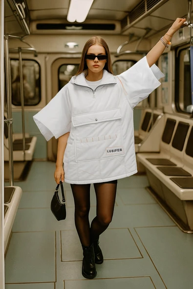 Kapüşonlu Maxi Şişme Mont Beyaz