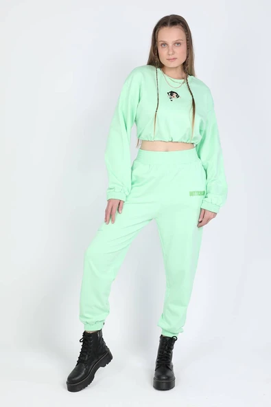 Kadın Beli Lastikli Crop Sweatshirt Fıstık Yeşili - 3