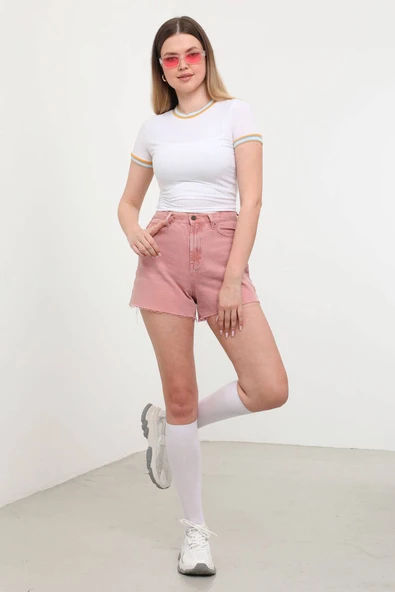 Kadın Yüksek Bel Paçası Kesik Jean Şort Gül Kurusu - 2