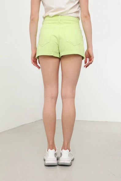 Kadın Paçası Katlı Jean Şort Yeşil - 7