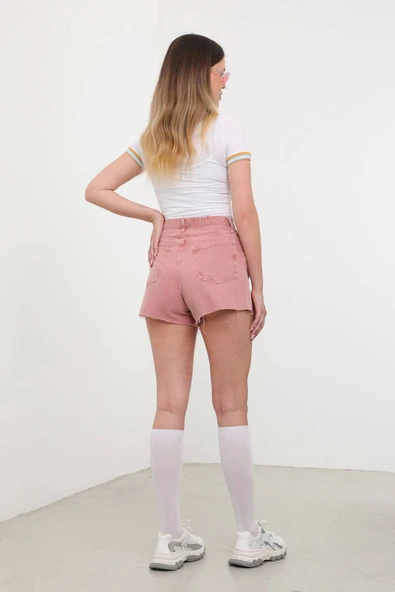 Kadın Yüksek Bel Paçası Kesik Jean Şort Gül Kurusu - 5