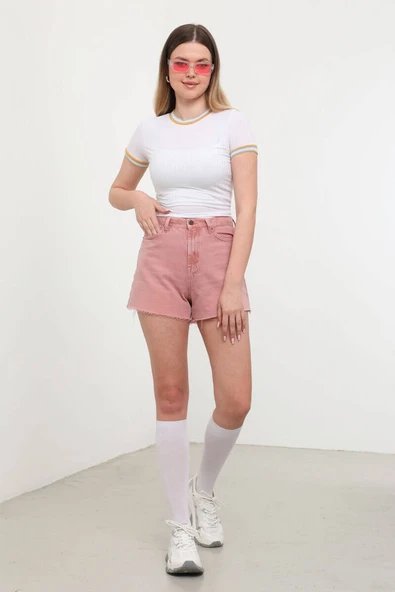 Kadın Yüksek Bel Paçası Kesik Jean Şort Gül Kurusu - Resim 4