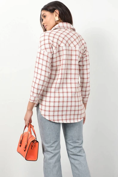 Kadın Oversize Önü Cepli Oduncu Gömleği Kiremit - 5