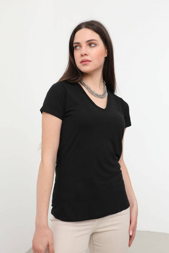 Kadın V Yaka Basic T-Shirt Siyah