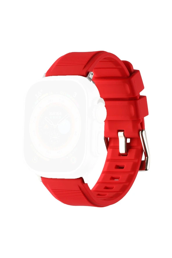 Apple Watch Ile Uyumlu 44mm Kordon Kauçuk Spor Esnek Kayış Metal Tokalı Glamour Kordon Red