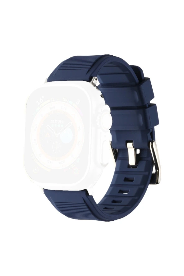 Apple Watch Ultra Ile Uyumlu 49mm Kauçuk Spor Esnek Kayış Metal Tokalı Glamour Dark Blue