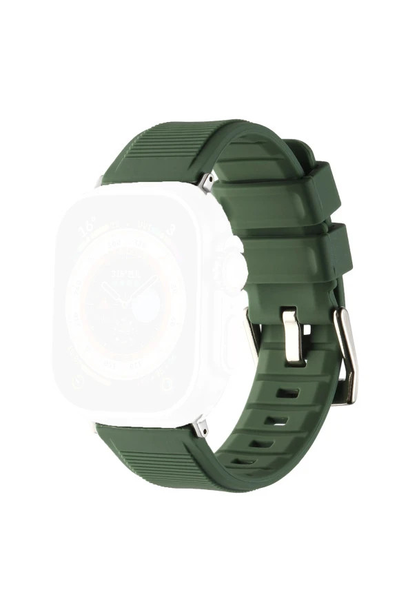 Apple Watch Ultra Ile Uyumlu 49mm Kauçuk Spor Esnek Kayış Metal Tokalı Glamour Army Green