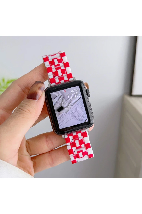 Apple Watch 7 Ile Uyumlu Metal Toka Tasarımlı 41mm Double Color Desenli Kordon Kırmızı-beyaz