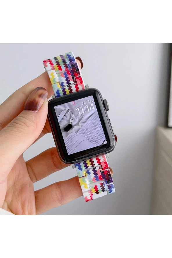 Apple Watch 6 Ile Uyumlu Metal Toka Tasarımlı 42-44mm Double Color Desenli Kordon Rainbow