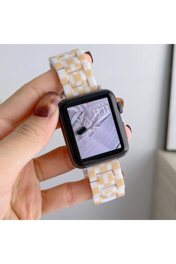 Apple Watch 6 Ile Uyumlu Metal Toka Tasarımlı 42-44mm Double Color Desenli Kordon Sarı-beyaz ürün görseli