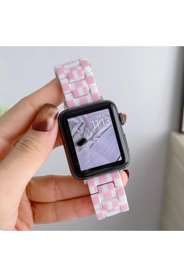 Apple Watch 5 Ile Uyumlu Metal Toka Tasarımlı 38-40mm Double Color Desenli Kordon Pembe-beyaz ürün görseli