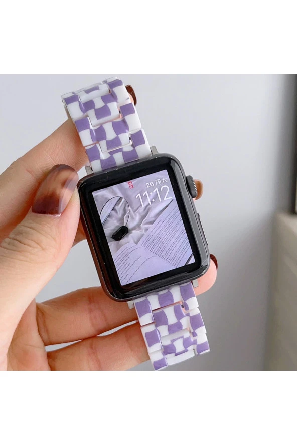 Apple Watch Ultra Ile Uyumlu Metal Toka Tasarımlı 49mm Double Color Desenli Kordon Mor-beyaz