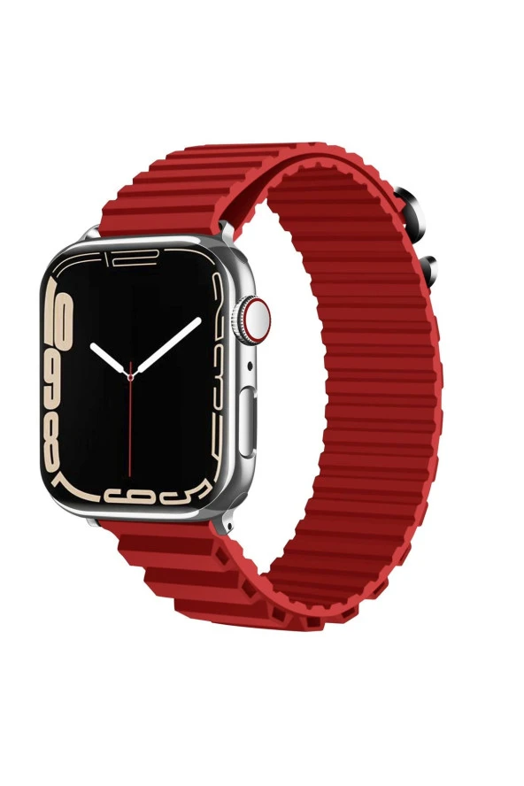 Apple Watch Ultra Ile Uyumlu Kordon 49mm Parçalı Çizgili Tasarım Denouement Kayış Kırmızı