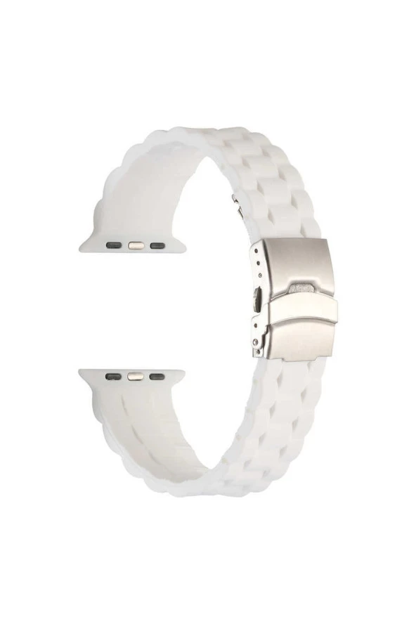 Apple Watch 7 Ile Uyumlu Kordon 45mm Metal Toka Delikli Ayarlanabilir Panoply Silikon Kayış Beyaz