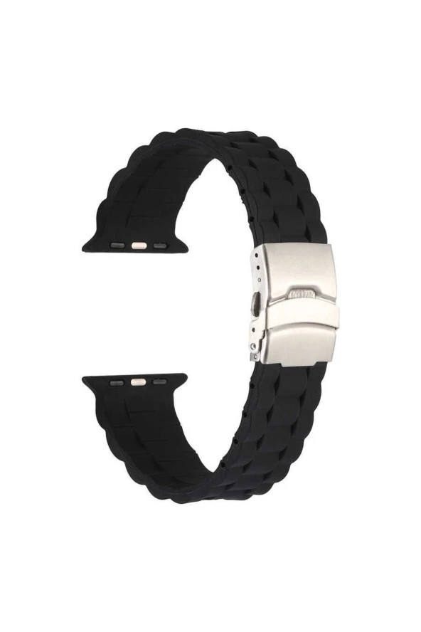 Apple Watch 5 Ile Uyumlu Kordon 42-44mm Metal Toka Delikli Ayarlanabilir Panoply Silikon Kayış Siyah