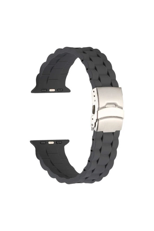 Apple Watch 3 Ile Uyumlu Kordon 42-44mm Metal Toka Delikli Ayarlanabilir Panoply Silikon Kayış Gri - 5