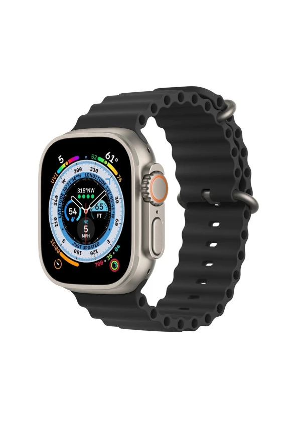 Apple Watch 7 Ile Uyumlu Okyanus Quintessential 45 Mm Kabartmalı Metal Tokalı Kordon Siyah