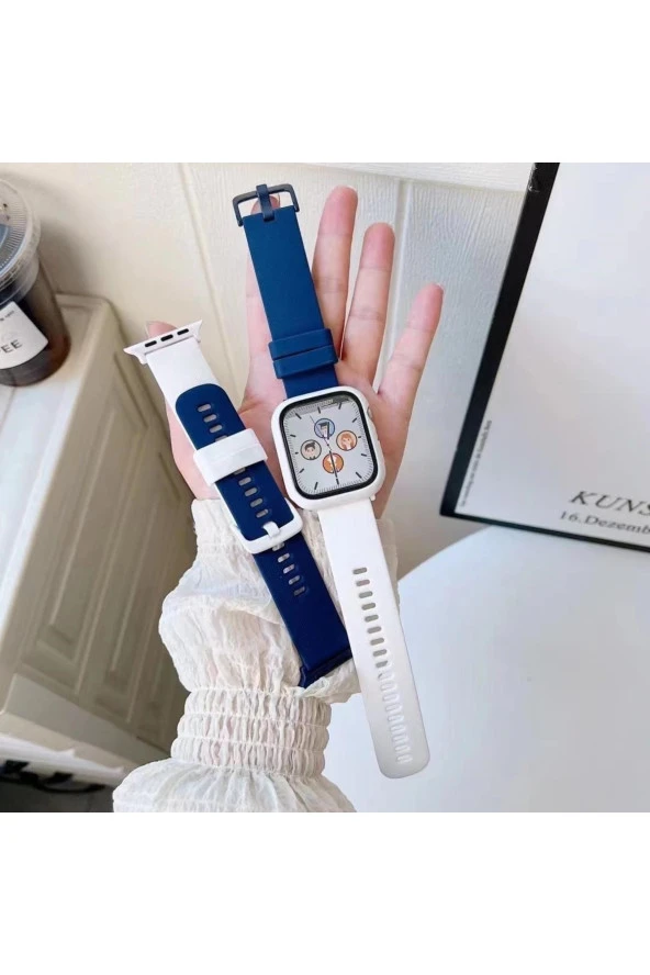 Apple Watch 4 Ile Uyumlu 42-44mm Termoplastik Double Color Spor Kayış+kasa Ikili Set Lacivert-beyaz - Resim 3
