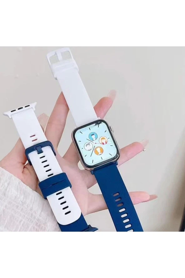 Apple Watch 4 Ile Uyumlu 42-44mm Termoplastik Double Color Spor Kayış+kasa Ikili Set Lacivert-beyaz - Resim 4