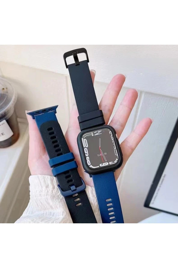 Watch 4 Ile Uyumlu 42-44mm Termoplastik Double Color Spor Kayış + Kasa Ikili Set Lacivert