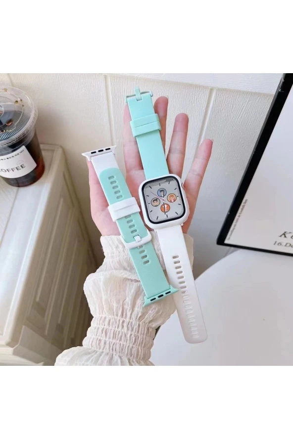 Apple Watch 3 Ile Uyumlu 42-44mm Termoplastik Double Color Spor Kayış + Kasa Ikili Set Turkuaz - 4