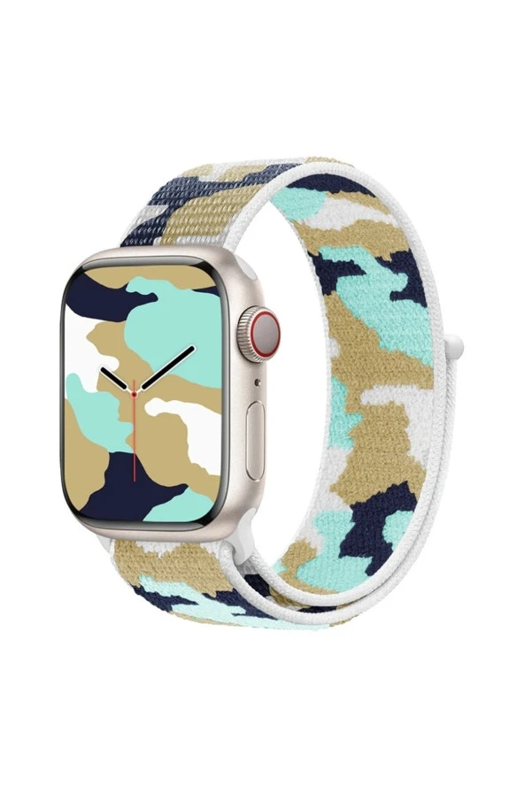 Apple Watch 5 Ile Uyumlu Kamuflaj Desenli Kayış 42-44mm Hasır Örgü Kordon Turkuaz