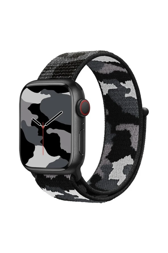 Apple Watch 4 Ile Uyumlu Kamuflaj Desenli Kayış 42-44mm Hasır Örgü Kordon Siyah