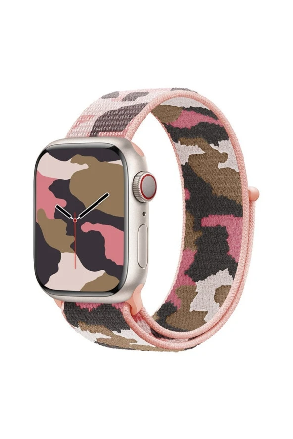 Apple Watch 3 Ile Uyumlu Kamuflaj Desenli Kayış 42-44mm Hasır Örgü Kordon Açık Pembe