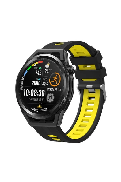 Huawei Watch Gt 3 Pro Ile Uyumlu 46mm Grealish Delikli Silikon Kordon Siyah-sarı - 2