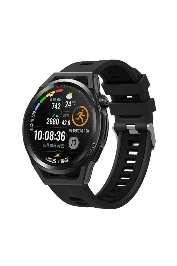 Huawei Watch Gt 3 Pro Ile Uyumlu 46mm Grealish Delikli Silikon Kordon Siyah