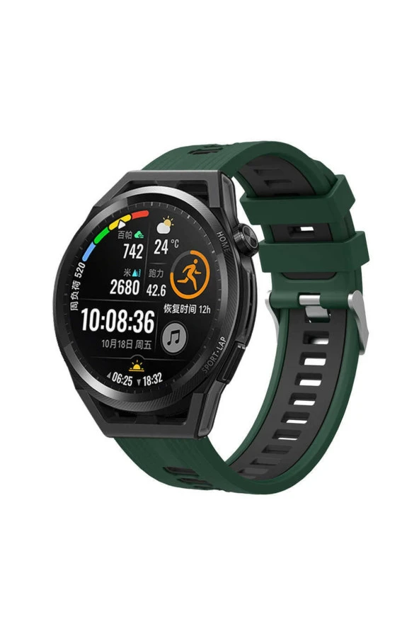 Huawei Watch Gt 3 Pro Ile Uyumlu 46mm Grealish Delikli Silikon Kordon Yeşil-siyah