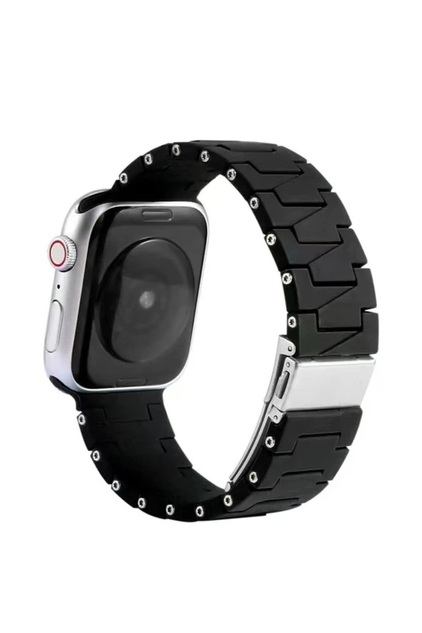 Apple Watch 3 Uyumlu Metal Görünümlü Çapraz Silikon Kayış 42-44mm Dalliance Kordon Siyah