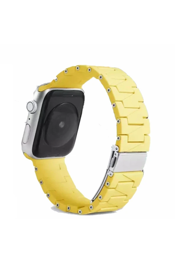 Apple Watch 6 Ile Uyumlu Metal Görünümlü Çapraz Silikon Kayış 42-44mm Dalliance Kordon Sarı