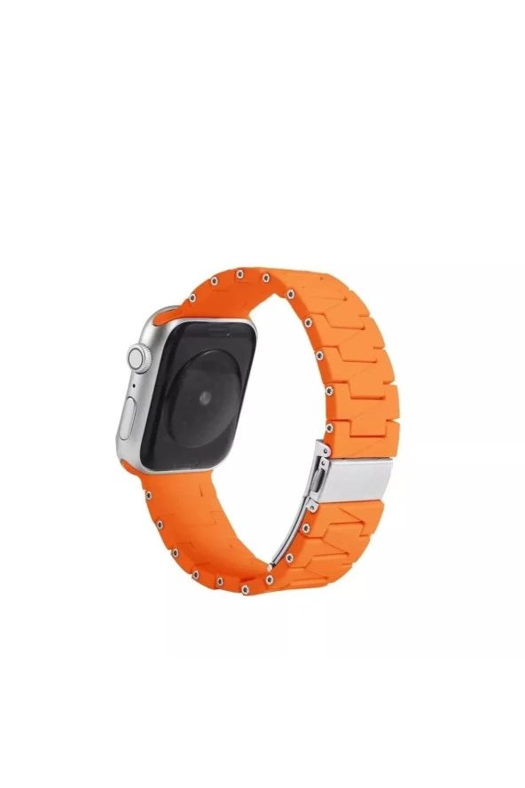 Apple Watch 5 Uyumlu Metal Görünümlü Çapraz Silikon Kayış 42-44mm Dalliance Kordon Turuncu