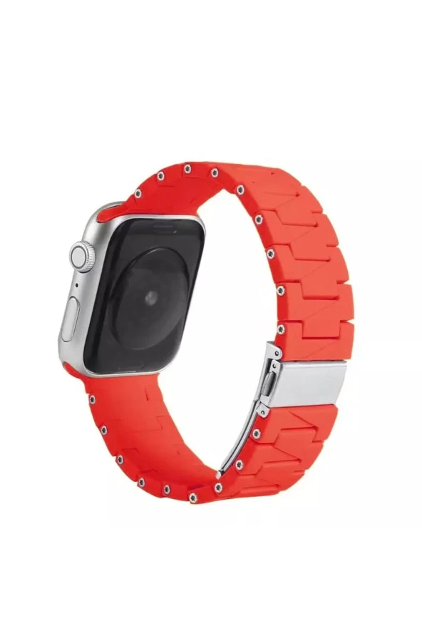 Apple Watch 4 Uyumlu Metal Görünümlü Çapraz Silikon Kayış 42-44mm Dalliance Kordon Kırmızı ürün görseli