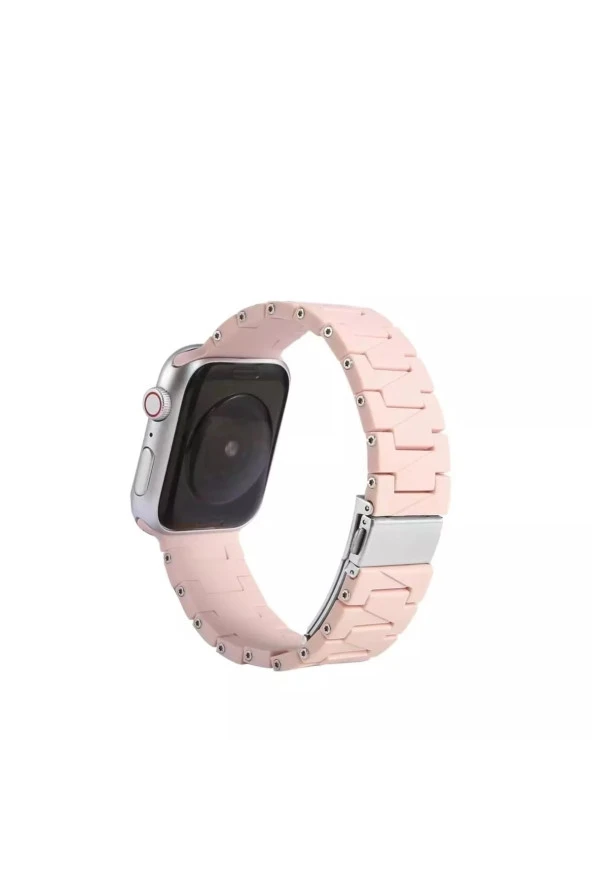 Apple Watch 4 Ile Uyumlu Metal Görünümlü Çapraz Silikon Kayış 42-44mm Dalliance Kordon Pembe