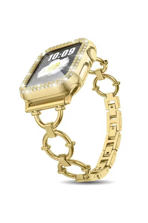 Apple Watch 3 42mm Ile Uyumlu Dias Metal Halkalı Tasarım Kordon Gold