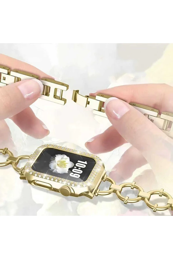 Apple Watch 5 38mm Ile Uyumlu Dias Metal Halkalı Tasarım Kordon Gold - 2