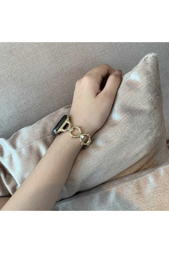 Apple Watch 5 38mm Ile Uyumlu Dias Metal Halkalı Tasarım Kordon Gold - 3