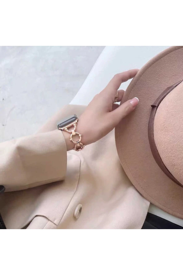 Apple Watch 6 44mm Ile Uyumlu Dias Metal Halkalı Tasarım Kordon Rosegold - 3