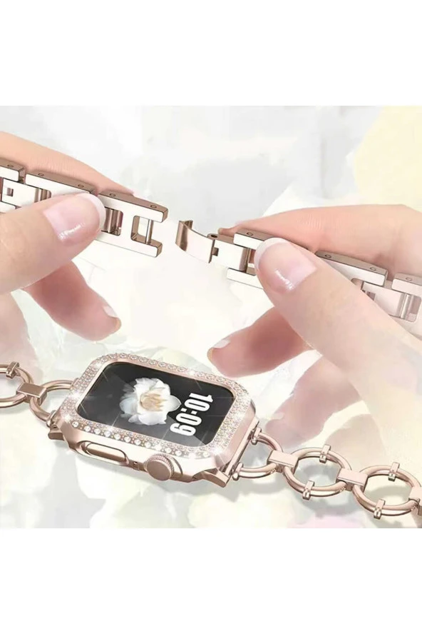 Apple Watch 6 44mm Ile Uyumlu Dias Metal Halkalı Tasarım Kordon Rosegold - 2