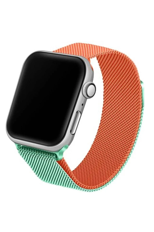 Apple Watch 3-4-5-6 42mm Uyumlu Hasır Örme Metal Vistoso Kordon Yeşil Turuncu