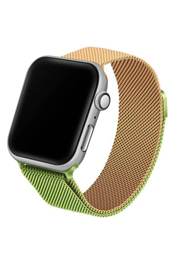 Apple Watch 3-4-5-6 42mm Uyumlu Hasır Örme Metal Vistoso Kordon Gold Yeşil