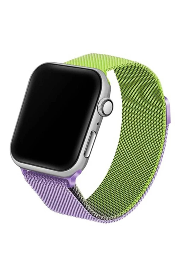 Apple Watch 3-4-5-6 42mm Uyumlu Hasır Örme Metal Vistoso Kordon Yeşil Lila