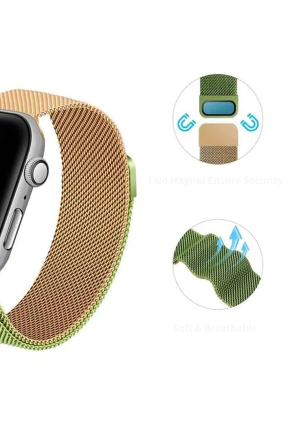 Apple Watch7 45mm  Uyumlu   Hasır Örme Metal Vistoso Kordon Gold Mavi - Resim 2