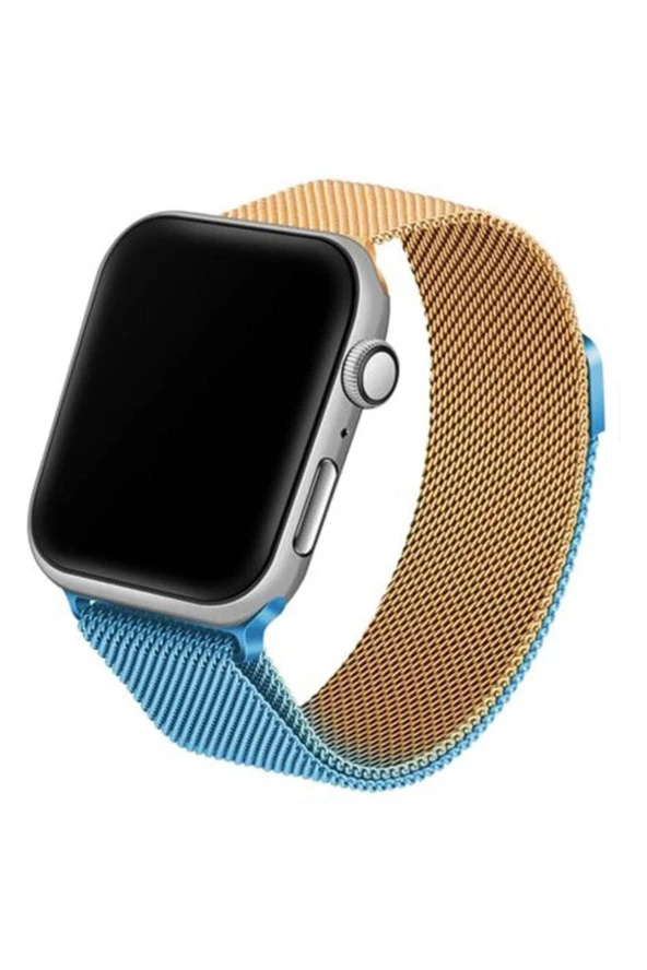 Apple Watch 3-4-5-6 44mm Hasır Örme Metal Vistoso Kordon Gold Mavi Uyumlu