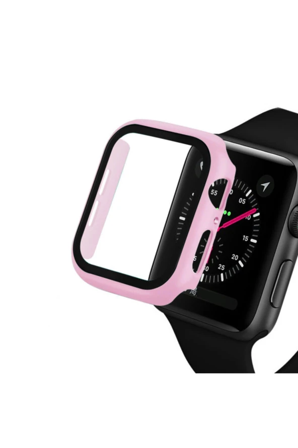 Apple Watch 40mm Için Tpu Çerçeveli Ekran Koruyuculu Ön Çerçeve Kılıf Açık Pembe